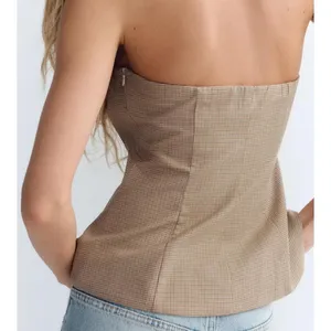 NWT Zara Checkered Plaid Covered Button Corset Strapless Top in Tan - S thumbnail 4