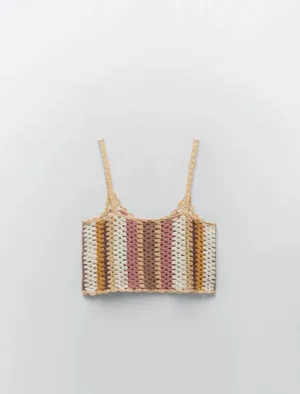 ZARA NWT Knit Multicolor BoHo Striped Crochet Crop Top SS21 Unlined thumbnail 3