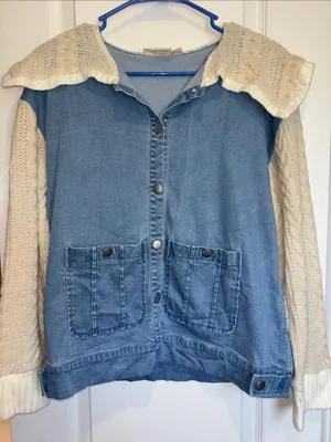 Ruby Rd Brand Blue Stretch Denim With Knit Sleeves And Collar Button Closure thumbnail 1