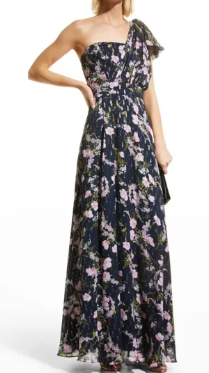 Shoshanna Navy One-Shoulder Floral Maxi Dress with Pink Blooms thumbnail 1
