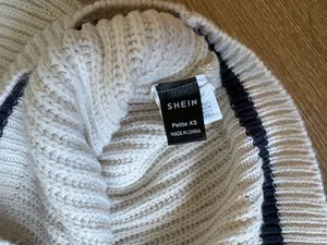 Cream Ribbed V Neck Sweater with Navy Blue Trim thumbnail 4