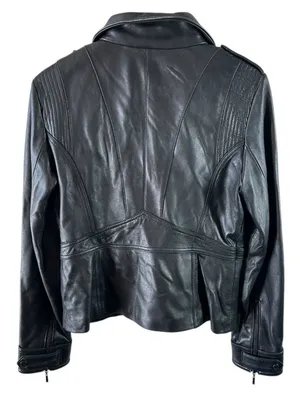 Kenneth Cole Reaction Black Leather Moto Jacket Women’s L Y2K Biker Zip thumbnail 7