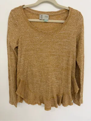 Anthropologie Women's Mustard Knit Ruffle Hem Top Size Small thumbnail 1