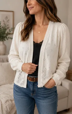 Cream Open Front Eyelet Knit Cardigan Sweater Cottagecore Boho Large thumbnail 1