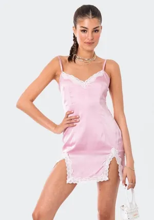 Edikted Satin Baby Pink Mini Lace Slip Dress thumbnail 1
