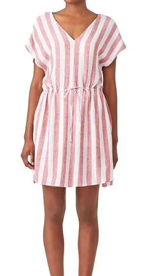 Rails Ren Drawstring Waist Mini Dress Seville Pink White Strip Sz‎ Small Linen thumbnail 1