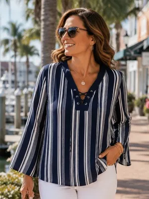 Karina & Chloe Womens XL Navy White Stripe Lace Up Peasant Boho Blouse Top thumbnail 1