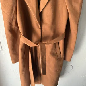 Ontwefth Tan Brown Belted Coat Womens Size S Puffy Sleeves Lined Long Preppy‎ thumbnail 3