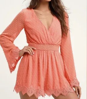 NWT Lulus Meadowlake Coral‎ Orange Swiss Dot Lace Bell Sleeve Romper Size SMALL thumbnail 1