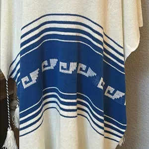 060- Wildfox Frida Traveler Fringe Oversized Blue White Sweater Poncho Size Smal thumbnail 5