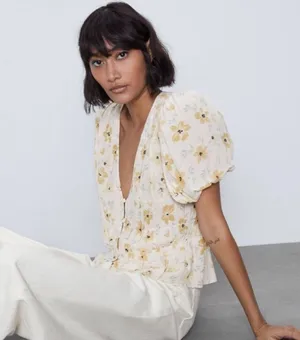 Zara Puff Sleeve Floral Button Front Top XS thumbnail 3