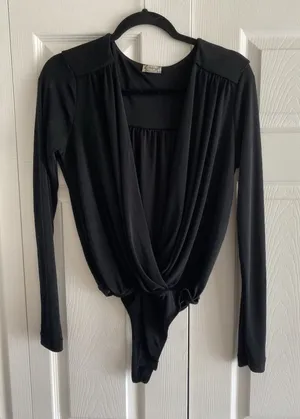 Intimately Free People Draped Surplice Bodysuit Womens Size M Black Long Sleeve thumbnail 1