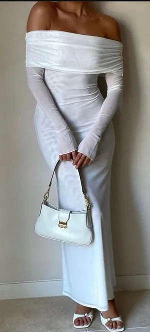 MESHKI Ivory White Josie Off Shoulder Mesh Fold Over Neckline Maxi Dress sz L thumbnail 1