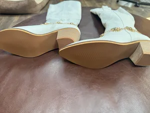 White Western Mid-Calf Heeled Boots with Gold Concho Chain thumbnail 2