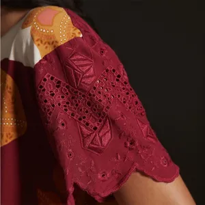 Anthropologie TINY Jeanine Eyelet Embroidered Floral Burgundy Top Small Tee thumbnail 2