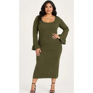 Scoop Womens Sweater Dress Sz XL Grape Leaf Ribbed Midi Bell Sleeve Square Neck thumbnail 3
