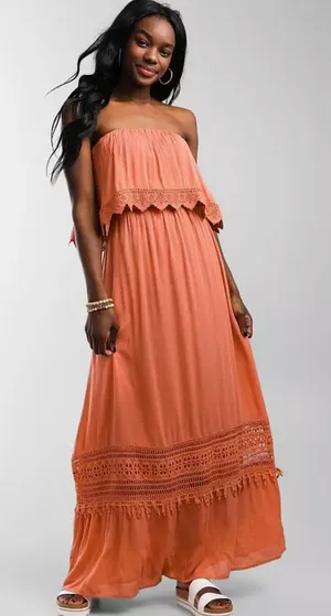 Daytrip Womens XS Strapless Crochet Maxi‎ Dress Rust Orange Gauzy Bohemian Beach thumbnail 1