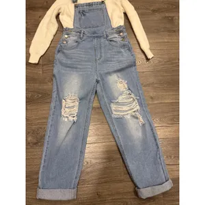 Womens Distressed Denim Jean Overalls Light Wash Relaxed Fit‎ Cropped Leg Size S thumbnail 2