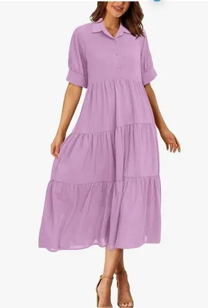 NEW Short Sleeve Button Up Ruffle A Line Flowy Maxi Dress L thumbnail 1