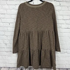 Easel Boho Brown Embroidered‎ Tiered Mini Dress Long Sleeve Babydoll Size Medium thumbnail 2