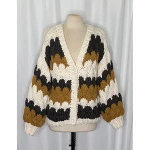 CHICWISH Color Block Hand Knit Chunky Cardigan Sweater Smoke Medium Large thumbnail 2