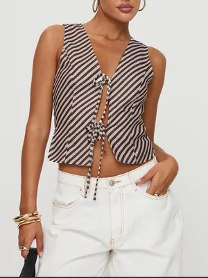 Princess Polly Lishar Vest - Brown & White Striped Tie-Front Vest size 10 NWOT thumbnail 1