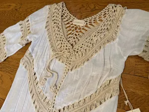 Dreamers Boho Fringe Crochet Trim kimono cardigan Swim Coverup in Cream size M thumbnail 8