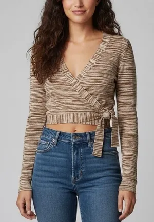 Intermix Celeste Wrap Crop Top Brown Space Dye Long Sleeve V-Neck Tie Side Sz XS thumbnail 1