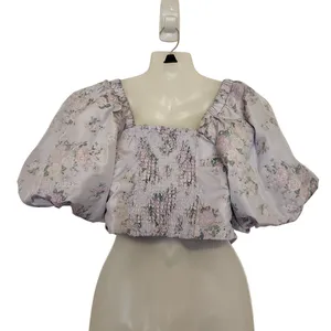 Express Purple Floral Puff Sleeve Ruched Front Chic Blouse Crop Top Size Medium thumbnail 3