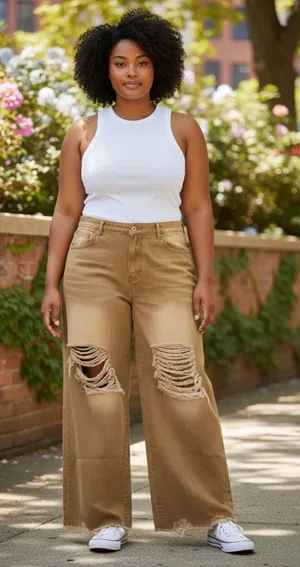 Brown Distressed Wide Leg Jeans XXL thumbnail 1