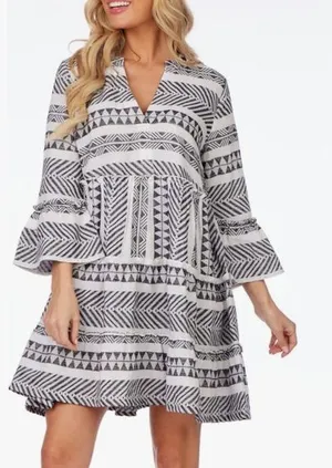 Mi Ami White Blue 100% Cotton Textured 3/4 Sleeve Tiered Mini Dress thumbnail 1