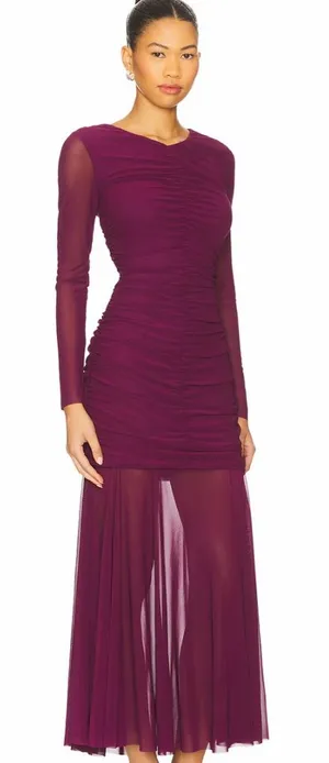 REVOLVE Long Sleeve Ruched Sheer Maxi Dress in Plum thumbnail 1