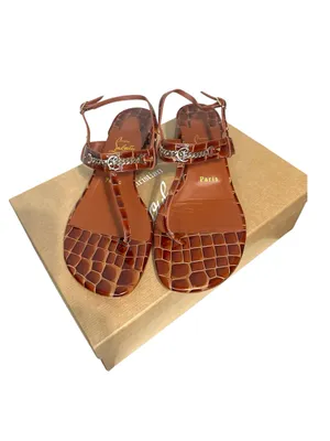 Christian Louboutin Brown Croc-Embossed Leather T-Strap Sandals box full set thumbnail 3