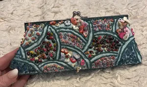 Hand Beaded Shell Clutch Purse Teal Blue Kiss Lock Evening Bag w/ Chain thumbnail 1