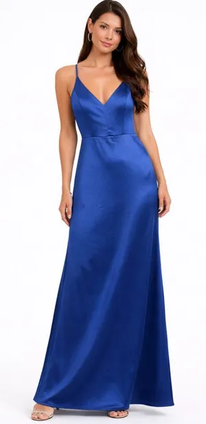 Lulus women’s XS Blue Satin Maxi Dress V-Neck Spaghetti Straps Lined NWT(E25)&✨ thumbnail 1