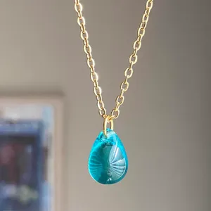 Handmade aqua teardrop Czech glass simple minimalist gold chain necklace💙 thumbnail 2