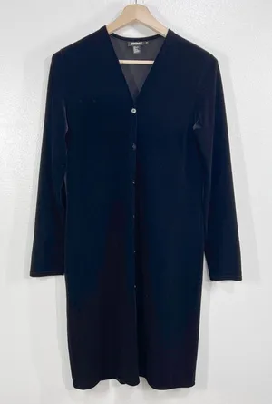 DKNY Velvet Button‎ Front Dress Black Long Sleeve Knee Length Minimalist Medium thumbnail 1