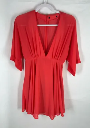 Coral Pink Chiffon Deep V Back‎ Fit & Flare Dress Women’s Size 4 26” Waist thumbnail 1
