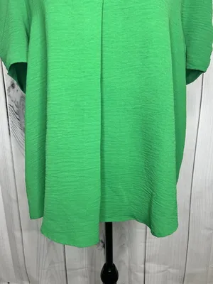 Jodifl Womens Sz Large Bright Green Short Ruched Sleeve V-Neck Blouse thumbnail 3