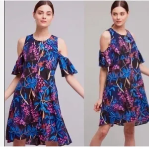 Anthropologie Maeve Elia Blue Pink Midi Floral Dress Size 10 Cold Shoulder thumbnail 2