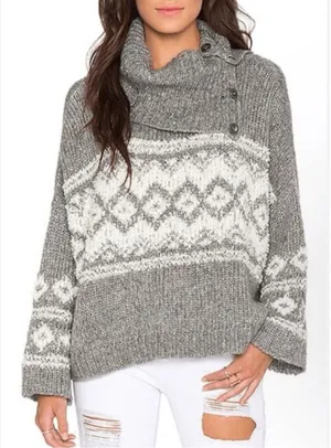 Free People Fairisle Split‎ Neck Wool Blend Sweater Gray Ivory Size Medium thumbnail 1