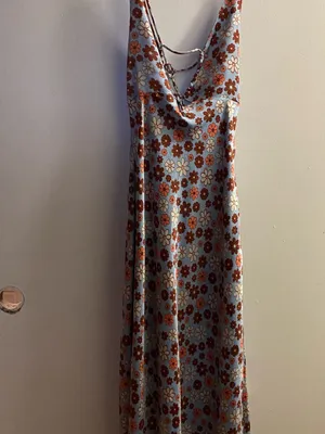 Cotton Candy LA Maxi Halter Slip Dress M Satin Blue Brown Floral Hippie Boho Vtg thumbnail 2