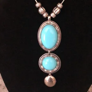 70s inspired Fashion long necklace w faux turquoise stones thumbnail 3