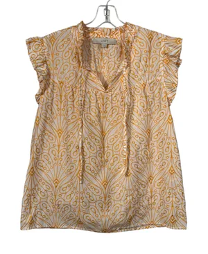 LOFT Orange Embroidered Paisley Printed Ruffle Sleeve Tassel Tie Top Small S thumbnail 1