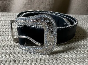 Western Rhinestone Bling Belt Black Faux Leather Silver Buckle XL RN52469 thumbnail 1