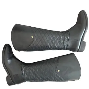 Tory Burch Claremont Quilted Leather Riding Boots Black Gold Logo 8.5 thumbnail 4