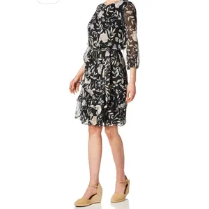 Calvin Klein Womens-XL Long Sleeve Dress with Belt & Teirs Black Floral‎ thumbnail 2