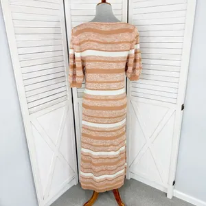 Amour Vert‎ Vivienne Striped Knit Sweater Dress Tan White Large Puff Sleeve Midi thumbnail 5