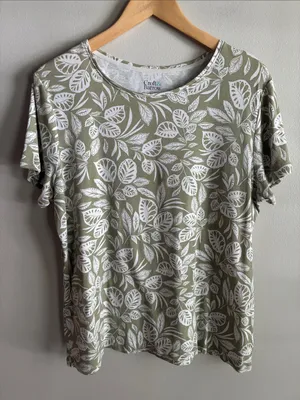 Croft & Barrow Classic Tee XL Green White Botanical Leaf Print Cotton Top thumbnail 1