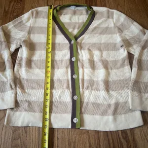 Kule Striped Cardigan Sweater Cream Tan Green Brown Trim V-Neck Size L thumbnail 3
